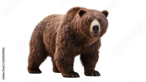 Foto Brown grizzly bear standing showing teeth, full body