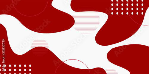 Abstract dark red and white background with dynamic liquid fluid shapes. Modern memphis pop art style layout featuring minimalist circle lines, dot patterns, and creative geometric textures.