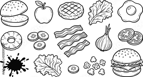 Cartoon food ingredient icons with burger, apple, egg, bacon, and popcorn representing cooking symbol vector illustration