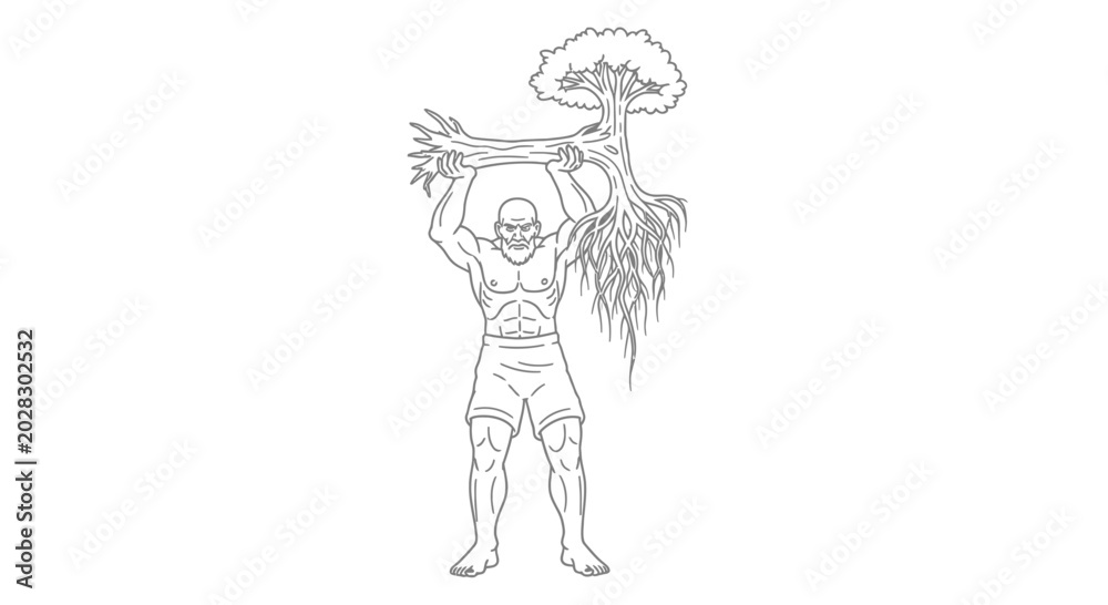 Fototapeta premium Strong Man Uprooting Tree with Roots, Symbolizing Power, Nature, and Resilience