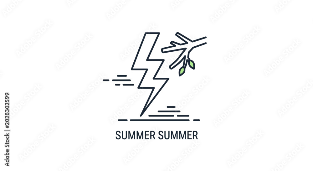 Fototapeta premium Summer Storm Icon: Lightning Strike Splits Tree Branch with Leaves, Representing Nature's Power