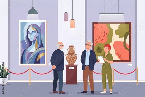 Tourists admiring modern geometric art and landscape paintings in a bright gallery.