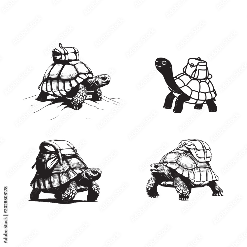 Fototapeta premium Set of handdrawn tortoises with backpacks isolated on white background