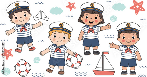 Cartoon sailor children icons with boat, life preserver, starfish, seashell, and sailboat representing nautical symbol vector illustration