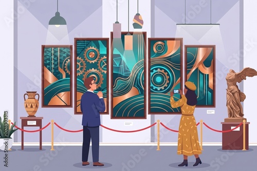 Tourists admiring modern geometric art and landscape paintings in a bright gallery.