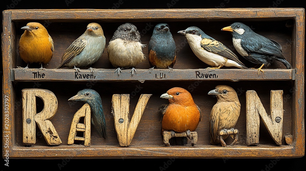 Fototapeta premium Whimsical Rustic Wooden Shelf Display Featuring Colorful Perched Birds Above Carved RAVEN Letters