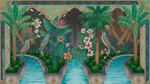 Mughal garden scene in Pichwai style featuring peacock and arches, designed for wallpaper Stock Illustration
