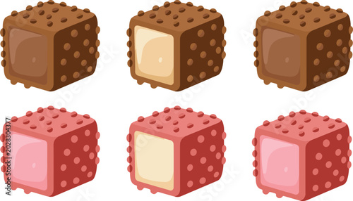 Cartoon candy and chocolate cube icons with filling representing sweet confectionery and dessert symbol vector illustration