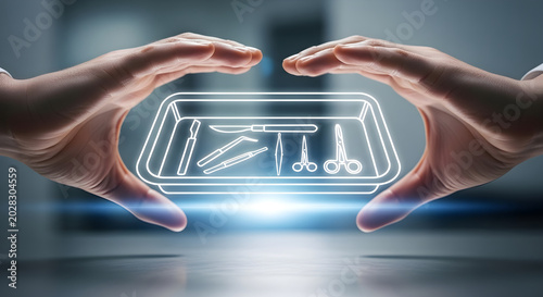 Hands holding surgical tray with medical tools, symbolizing precision surgery.