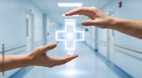 Hands hold glowing medical cross symbol in hospital hallway, healthcare and wellness concept.