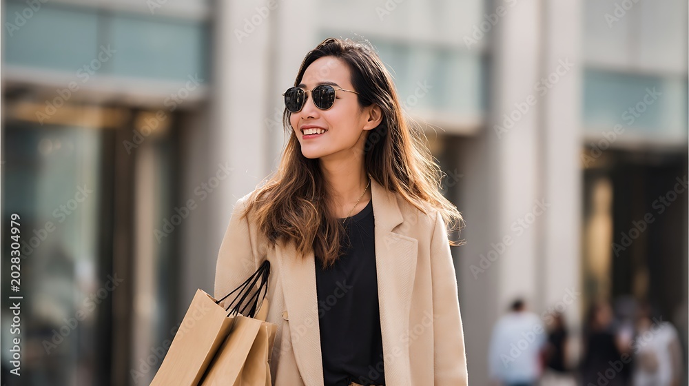 Obraz premium Young Woman with Shopping Bags Enjoys a Sunny Day Outdoors.