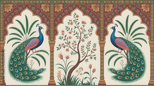 Traditional Mughal Motif Frame Arch Peacock, Traditional Mughal decorative garden with arch peacock seamless pattern frame, Traditional Mughal temple lattice wall peacock tree pattern illustration