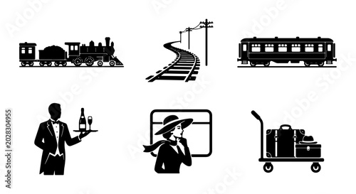 Schilderij op canvas Vintage Train Travel Icons Set, Retro Locomotive, Passenger Carriage, Waiter, Lu