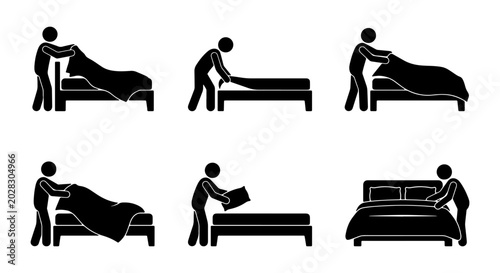 Tableau sur toile Bed Making Steps Icon Set, Bedroom Linen Change, Sheet Duvet Pillow Arrangement