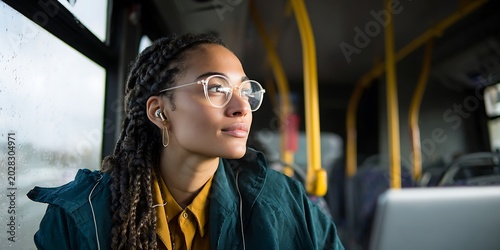 Young woman with braided hair wearing glasses and earbuds on a bus looking out the window.
