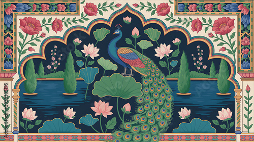 Elegant peacock in ornate mughal archway with teal background and intricate floral details

