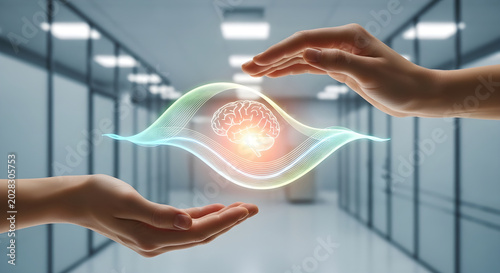 Medical professional holding holographic glowing brain in modern clean hospital hallway.