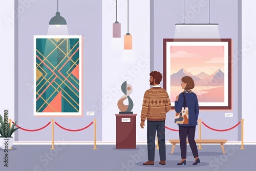 Tourists admiring modern geometric art and landscape paintings in a bright gallery.