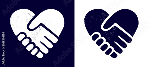Bild auf Leinwand Greeting handshake gesture symbols inside heart outline shapes featuring distressed charcoal marker brush edge textures on navy blue block layout backgrounds for streetwear clip art