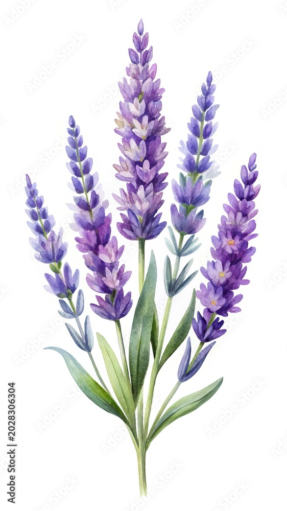 Fototapeta premium Purple lavender flower bouquet illustration - Elegant lavender flowers with soft purple and white hues in a natural arrangement for botanical or floral design use.