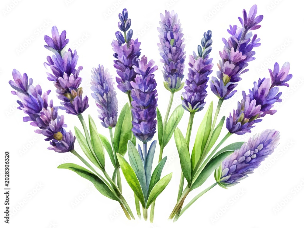 Obraz premium Purple lavender flowers in full bloom - Fresh lavender flowers with vibrant purple blooms and green stems, beautifully arranged and isolated.