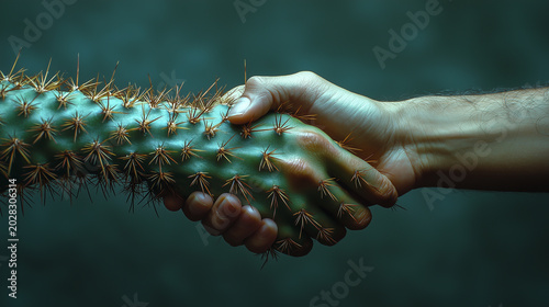 Unique handshake between a cactus and a human hand in artistic expression