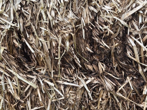 Close-up textured view of a compressed bale of dry, golden straw, showcasing the intricate arrangement of organic fibers and natural tones, perfect for agricultural or rustic themes.