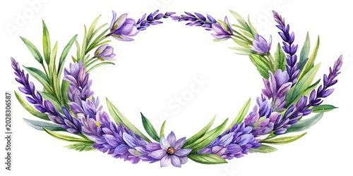 Beautiful lavender flower wreath illustration - A delicate hand-drawn wreath made of lavender flowers and green foliage, perfect for nature-themed designs.