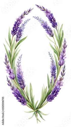 Lavender wreath with green stems and purple flowers - A beautiful floral wreath made of lavender flowers and green stems arranged in an elegant circular shape.