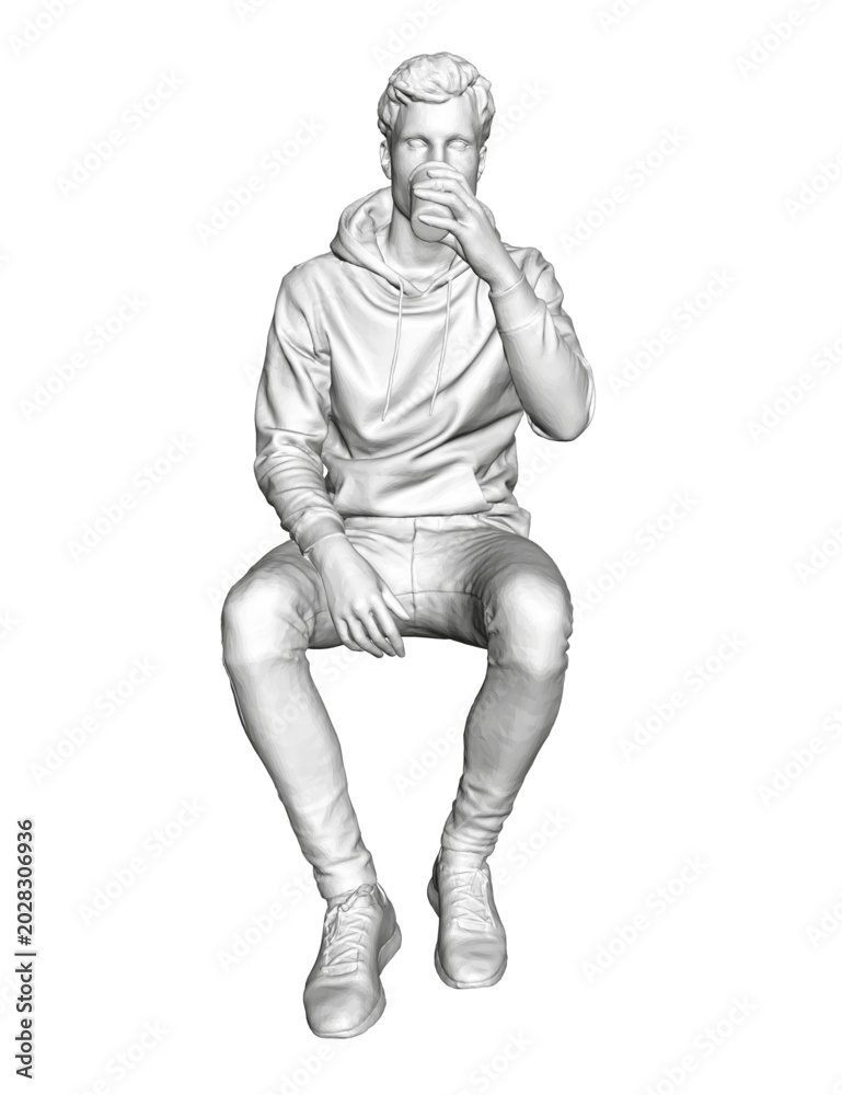 Fototapeta premium Man in hoodie sits thoughtfully on chair, hand on chin, while enjoying coffee from polygonal cup in monochrome setting.
