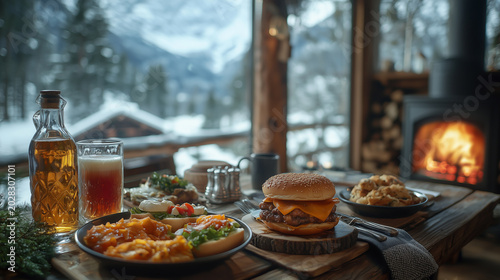 Hearty winter meal enjoyed in cozy cabin surrounded by snowy mountains
