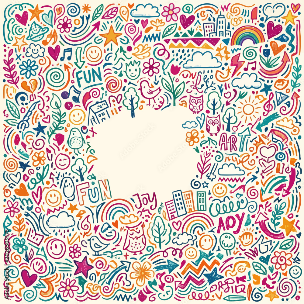 Naklejka premium Vibrant doodle background composition with fun illustrations and colorful designs