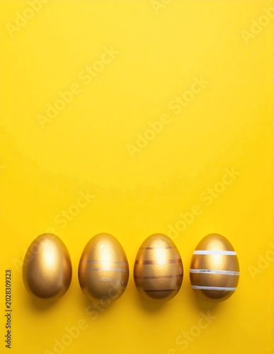 Three shiny golden eggs arranged closely together on a smooth, vibrant yellow background