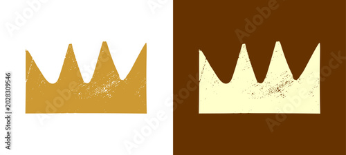 Schilderij op canvas Pair of gold distress texture king crown shapes featuring rustic rough charcoal marker brush frames for dynamic urban stamp badge clothing design layout presentation clip art graphic set
