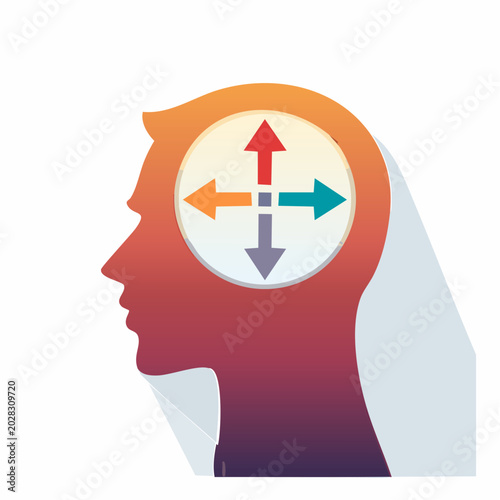 Silhouette of a head with directional arrows inside, symbolizing decision making