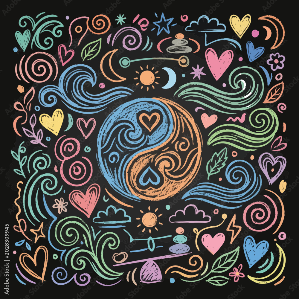 Fototapeta premium Vibrant vector composition of swirling shapes and symbols surrounds a yin yang heart design on a black background with colorful hearts and leaves