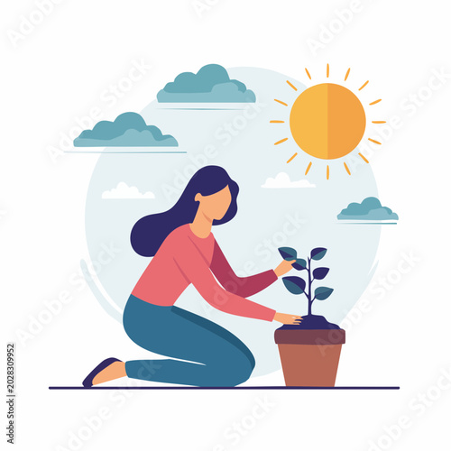 Woman planting a seedling in a pot under the sun