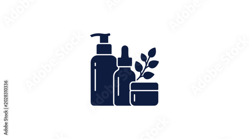Bild auf Leinwand Cosmetic products including a lotion pump bottle, a dropper serum, and a cream jar are arranged next to a small plant branch