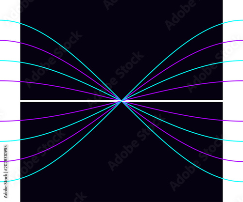 Cyan and purple curved lines converging at a central focal point on black background illustration