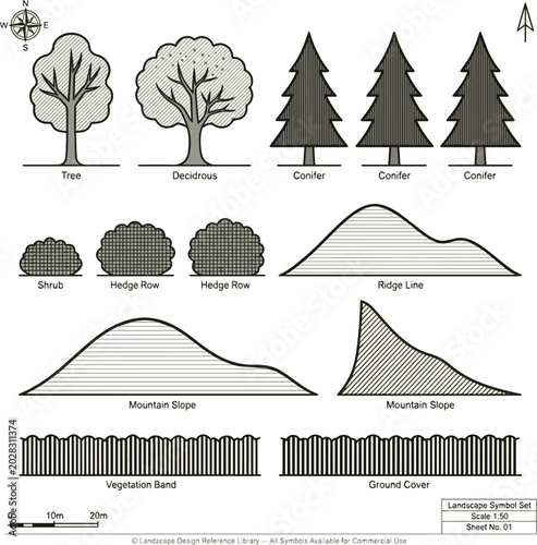Bild auf Leinwand Create a available Architectural Drawings, Minimal style cad tree line drawing, Side view, set of section mountain forest outline symbol for landscape design drawing stroke fill in white