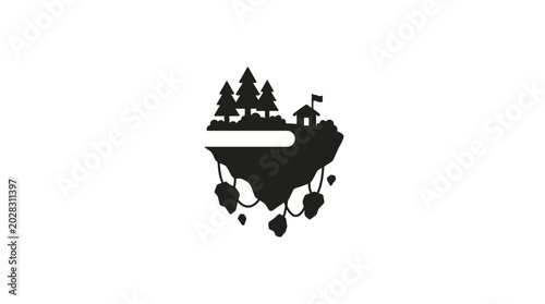 Foto Floating island silhouette features evergreen trees and a small cabin set against a white background