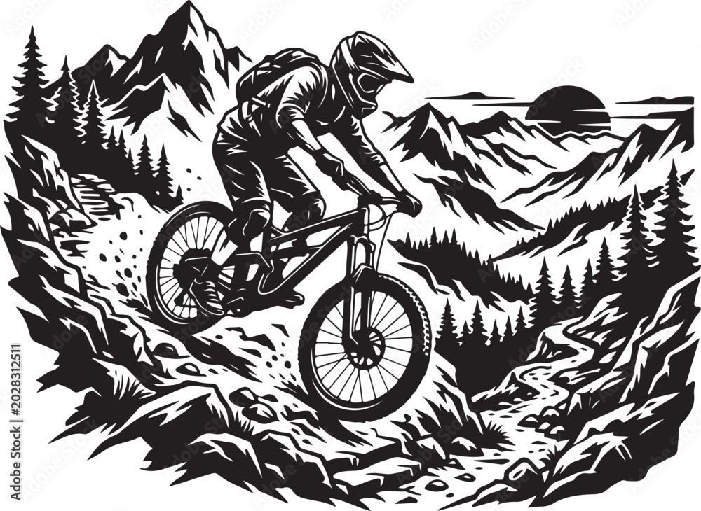 Fototapeta premium Mountain biking, downhill cyclist, black and white vector, illustration, outdoor sports