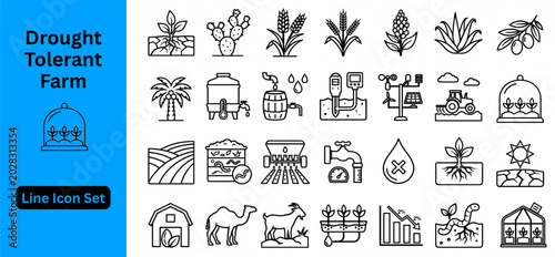 Schilderij op canvas Line art vector of Drought Tolerant Farm icon set
