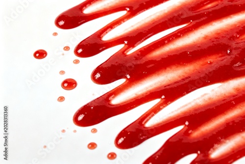 Red sauce drizzled on white surface
