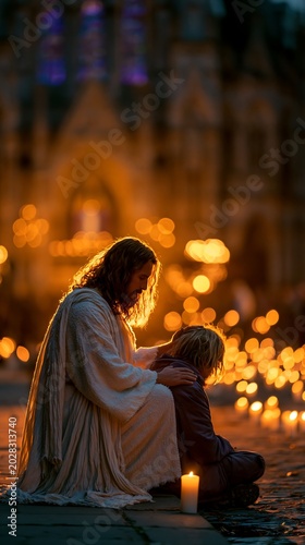 Jesus Christ comforting a kneeling man in front of a cathedral