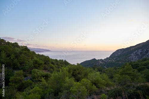 Dusk view of a calm sea inlet surrounded by lush green pine forested hills