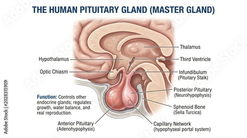 Sagittal diagram of the human pituitary gland beneath the hypothalamus showing optic chiasm, infundibulum, anterior and posterior lobes, capillary network of the hypophyseal portal system, thalamus, t