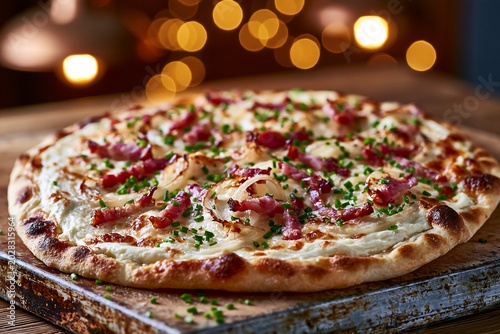 Flammkuchen pizza with crispy bacon and chives on a rustic board