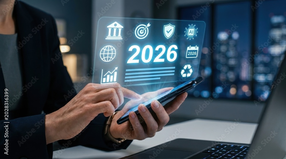 Fototapeta premium Business professional using smartphone with futuristic 2026 digital interface