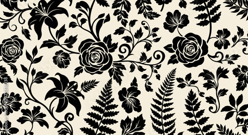 Elegant black and white floral pattern with rose and lily silhouettes